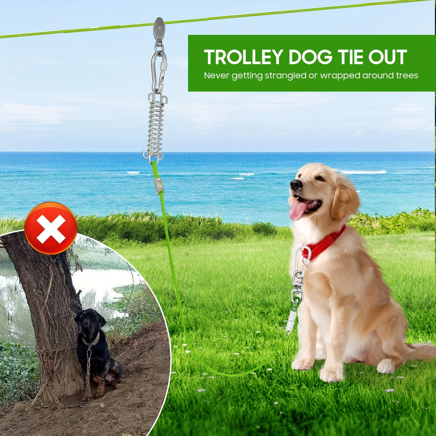 50ft/75ft/100ft Dog Zipline With 10ft Dog Runner Cable