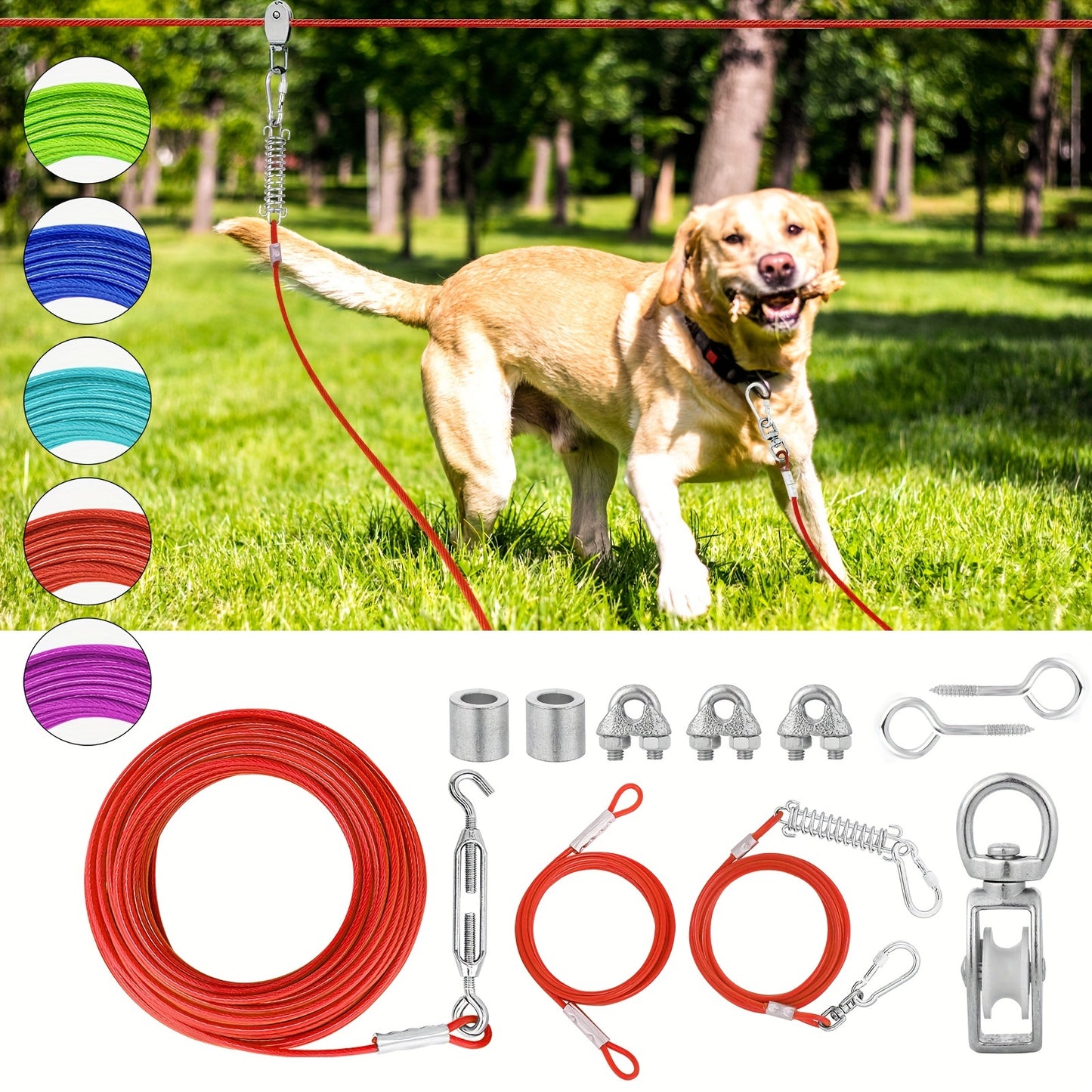 50ft/75ft/100ft Dog Zipline With 10ft Dog Runner Cable