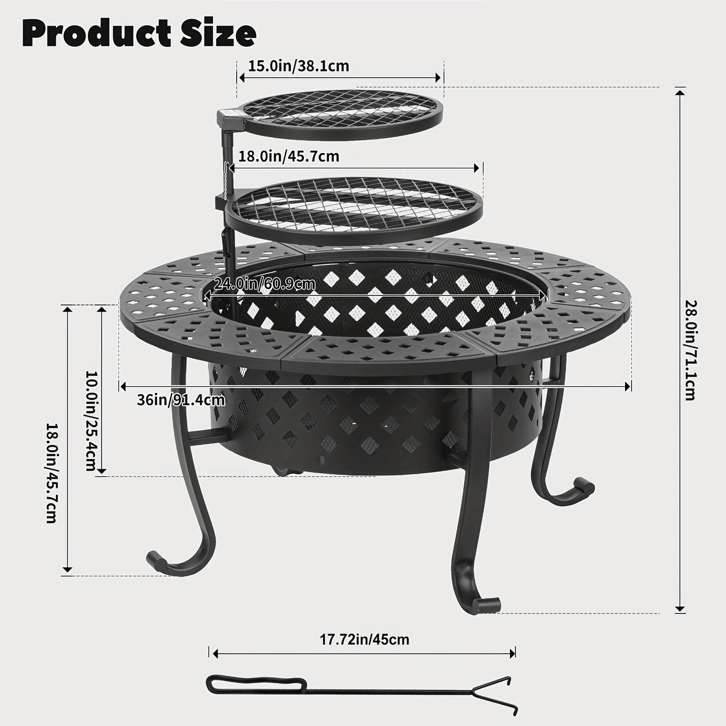 3-in-1 Fire Pit With Two Grills, Lid, Poker, Waterproof Cover