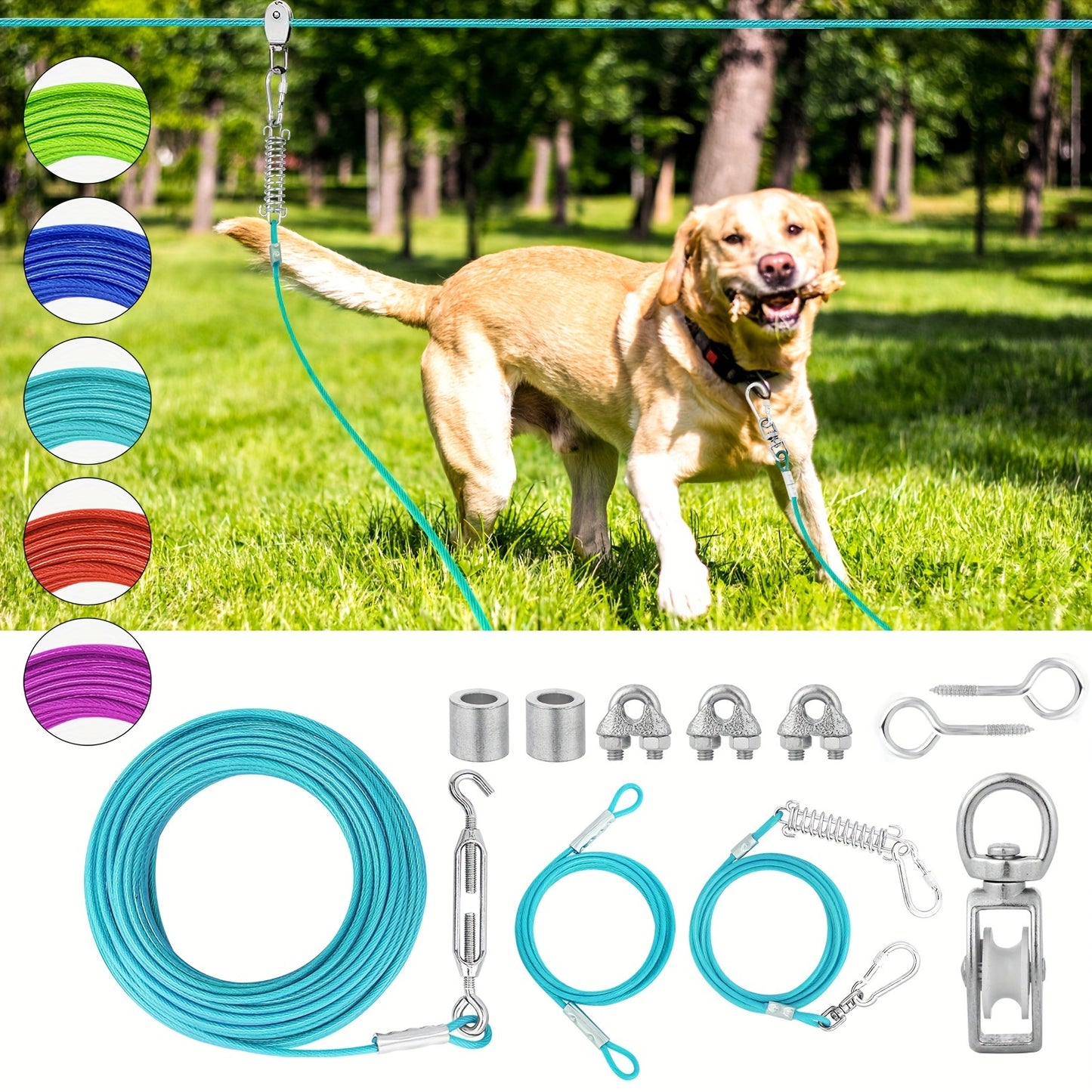 50ft/75ft/100ft Dog Zipline With 10ft Dog Runner Cable