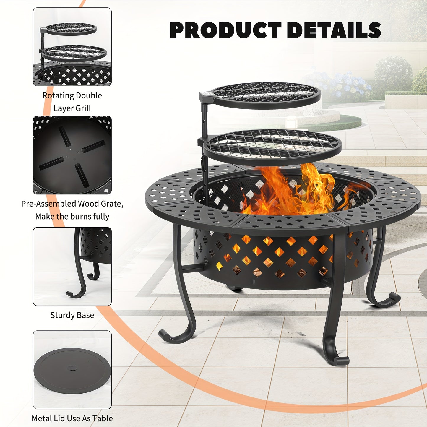 3-in-1 Fire Pit With Two Grills, Lid, Poker, Waterproof Cover