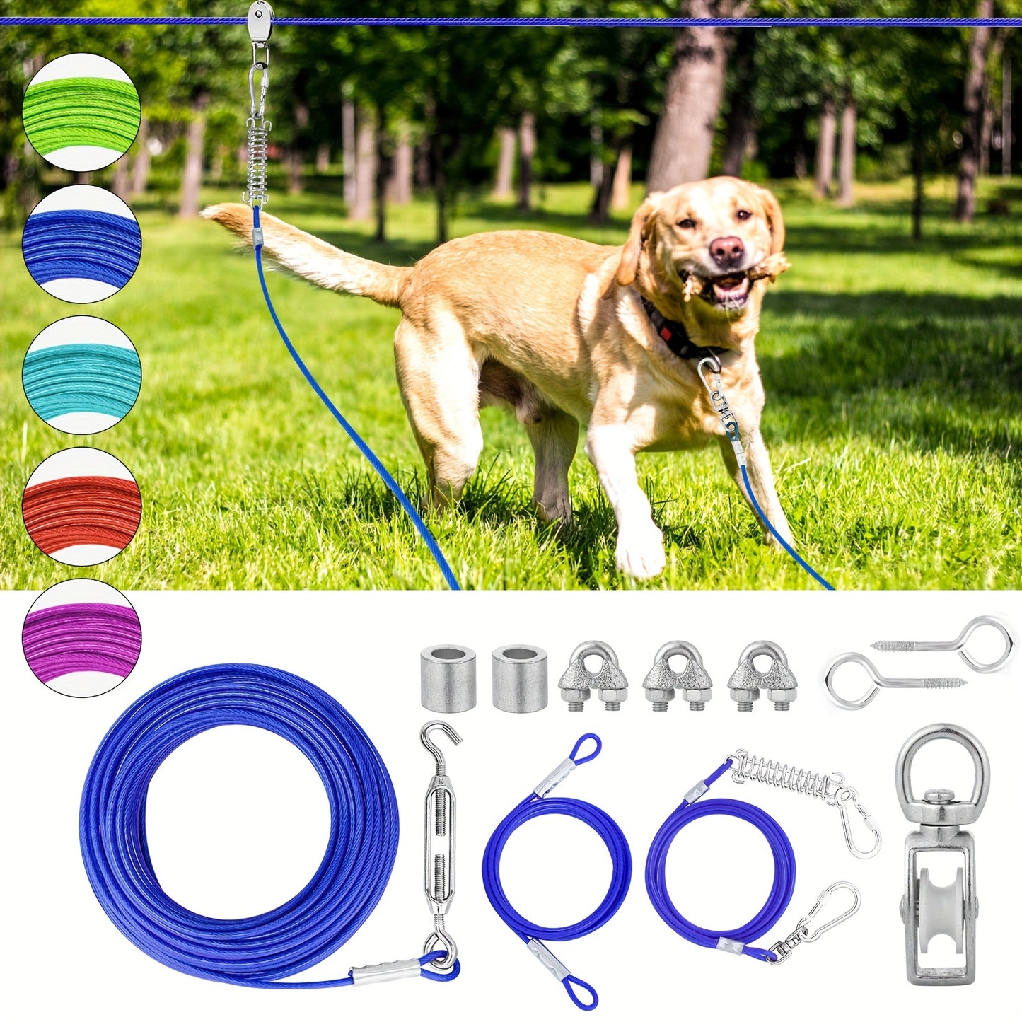 50ft/75ft/100ft Dog Zipline With 10ft Dog Runner Cable