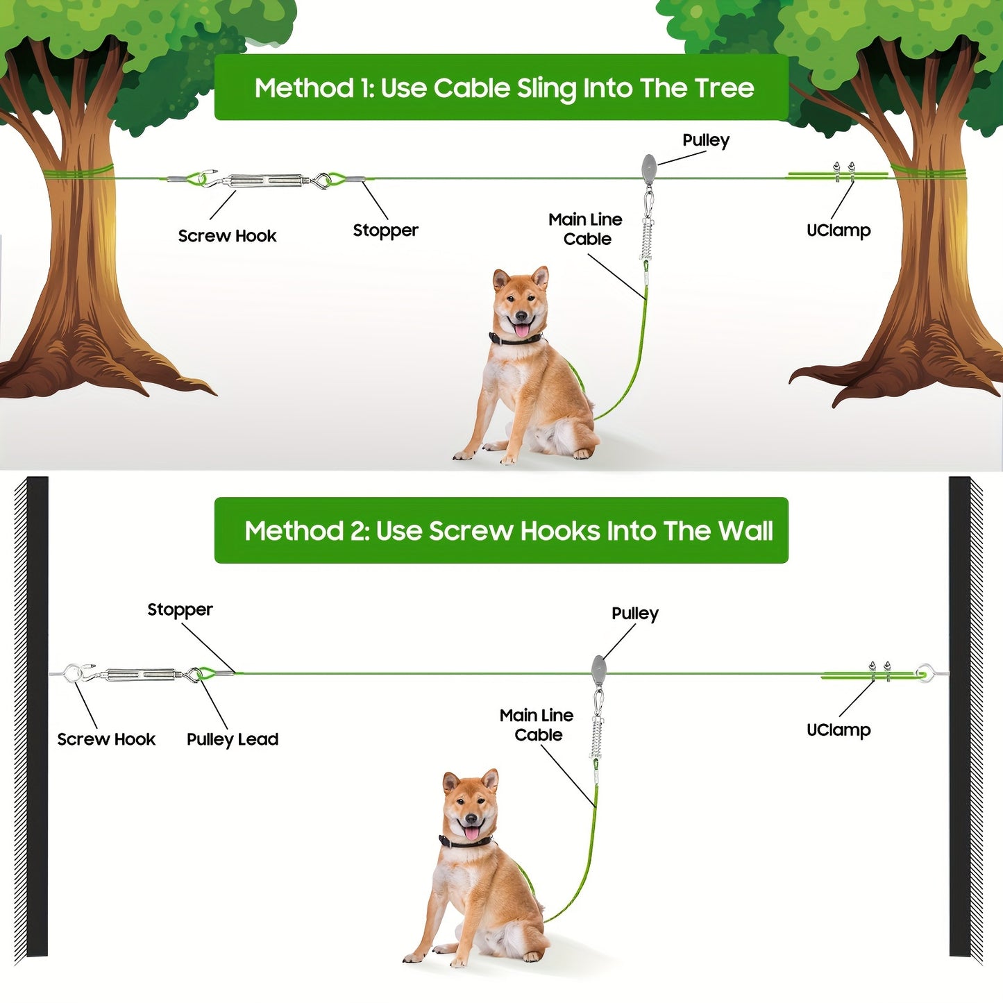 50ft/75ft/100ft Dog Zipline With 10ft Dog Runner Cable