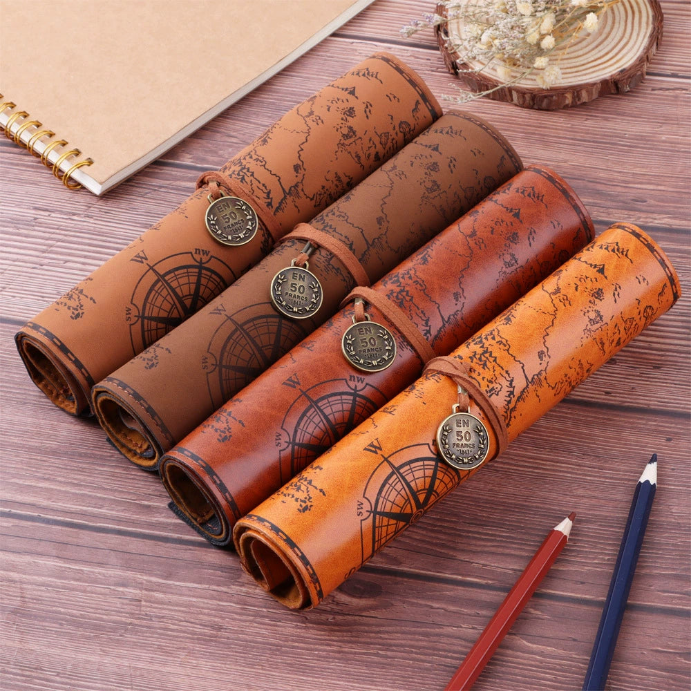 Treasure Map Retro Canvas Leather Rolling Pencil Case