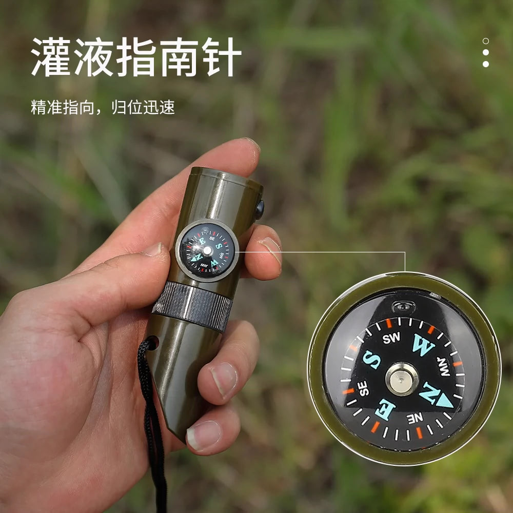 7-in-1 Multifunctional Survival Lifesaving Whistle Thermometer Compass with LED Light