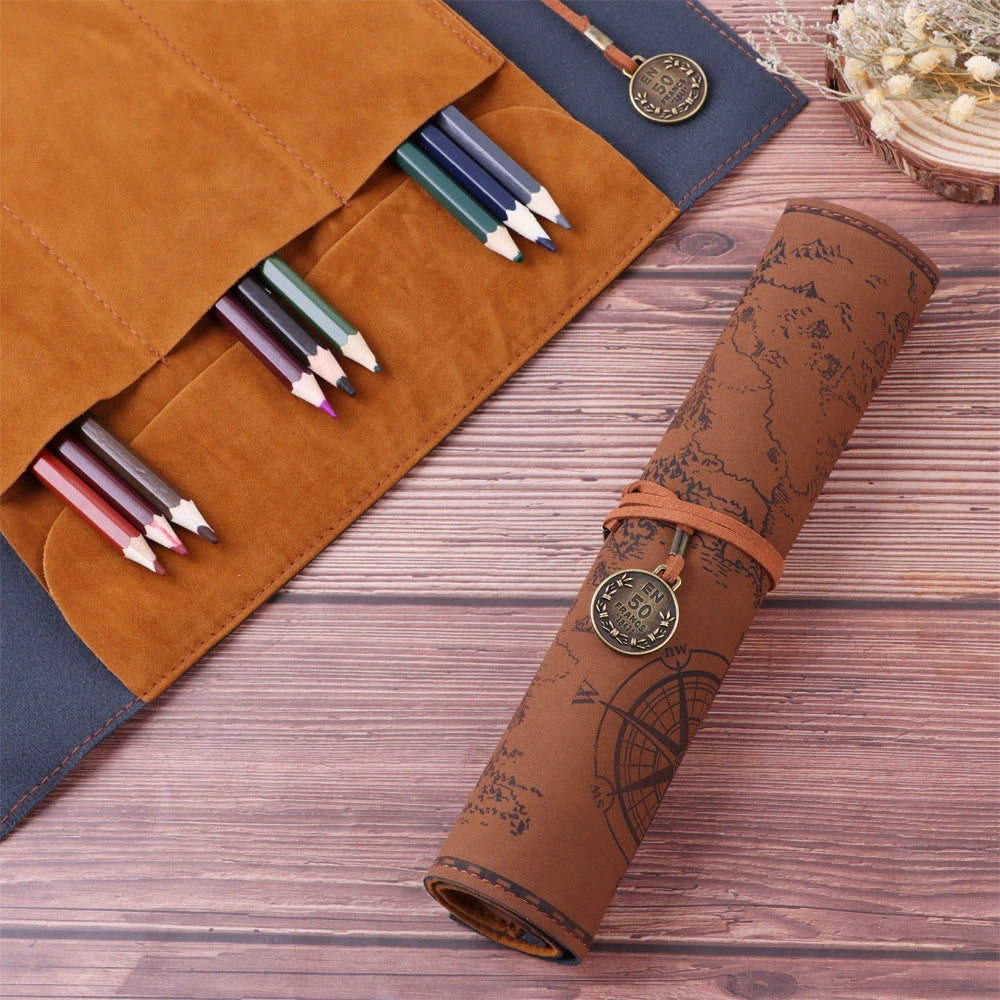 Treasure Map Retro Canvas Leather Rolling Pencil Case