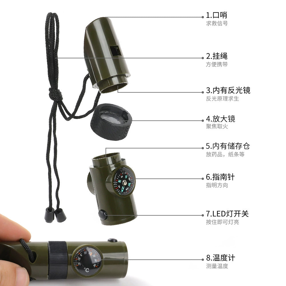 7-in-1 Multifunctional Survival Lifesaving Whistle Thermometer Compass with LED Light