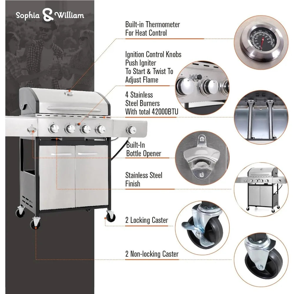 Sophia & William 4-Burner Gas Grill with Side Burner