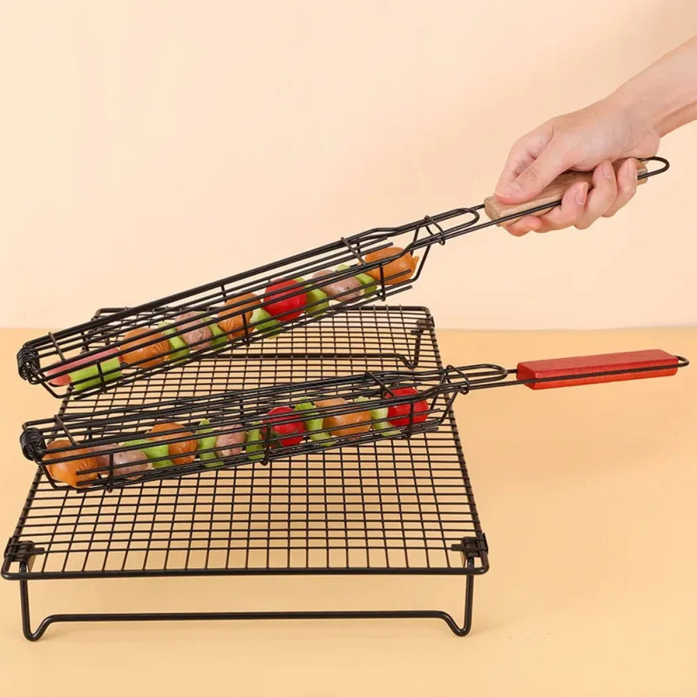 Barbecue Grill Stainless Steel Non-Stick Grill Basket with Handle BBQ Roast Rack