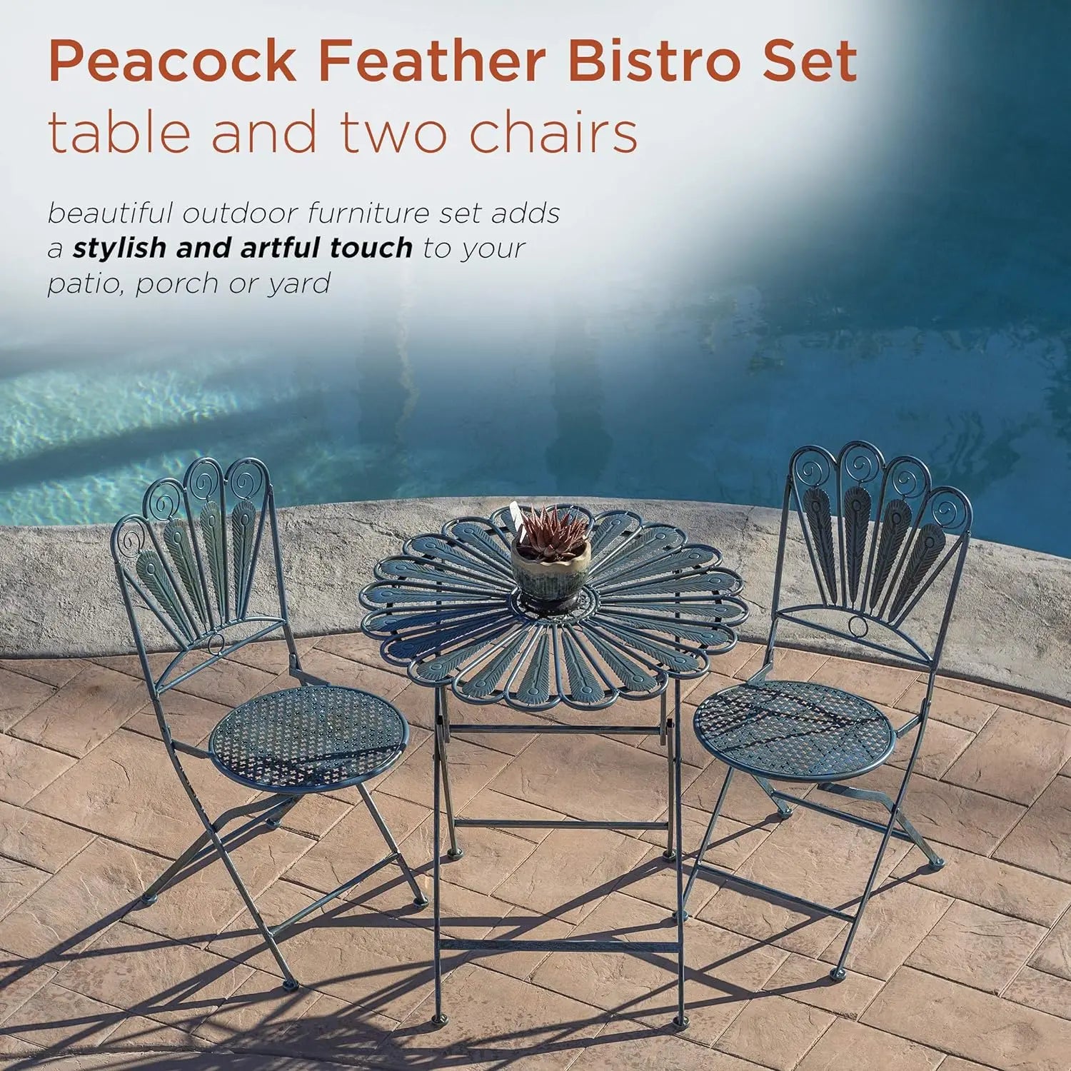 3-Piece Peacock Feather Metal Bistro Set - Michef's Outside