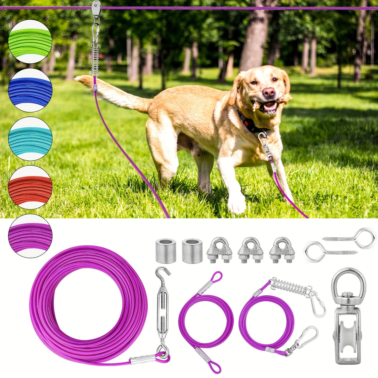 50ft/75ft/100ft Dog Zipline With 10ft Dog Runner Cable