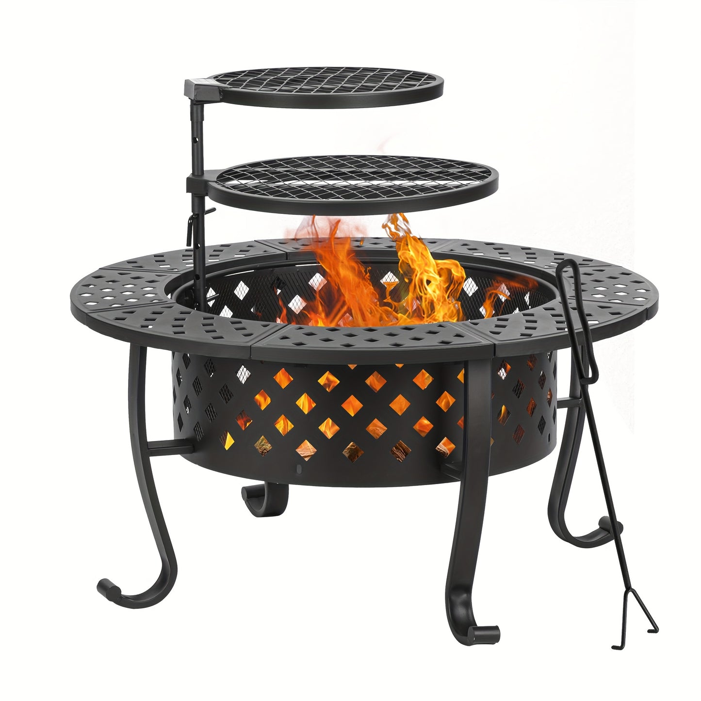 3-in-1 Fire Pit With Two Grills, Lid, Poker, Waterproof Cover