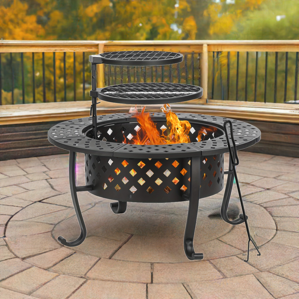 3-in-1 Fire Pit With Two Grills, Lid, Poker, Waterproof Cover